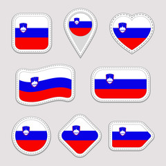 Slovenia flag vector set. Slovenian national flags stickers collection. Isolated icons. Traditional colors. Web, sports pages, patriotic, travel, school, geographic, cartographic design elements