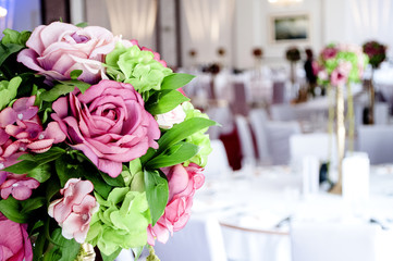 Decorated flower bouquet in a wedding hall