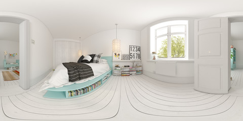 Spherical 360 panorama projection Bedroom interior design 3D rendering