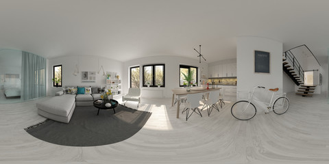 Spherical 360 panorama projection Scandinavian style interior design 3D rendering - 207981946
