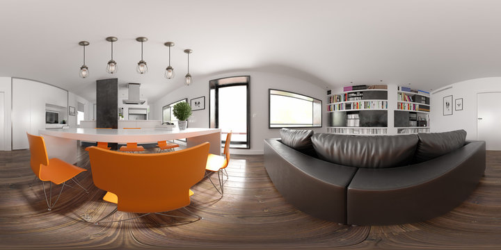 Spherical 360 panorama projection Scandinavian style interior design 3D rendering