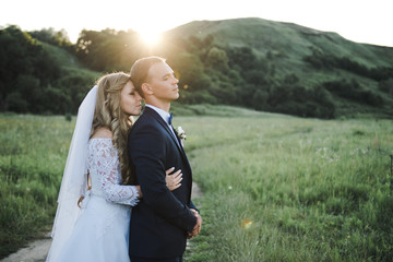 Wedding in the mountains. The bride and groom at sunset. 