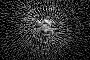 Black and white minimal crochet; circular pattern; white embroidery