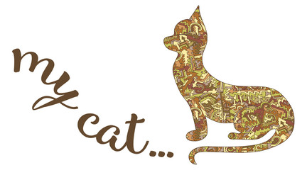 Silhouette of a cat and the inscription of my cat ... Vector on a white background of a pattern of arrows, curls and lines intertwined, card