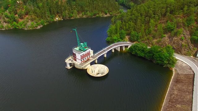 The Hracholusky dam with water power plant. The water reservoir on the river Mze. Source of renewable energy and popular recreational area in Western Bohemia. Czech Republic, Europe.