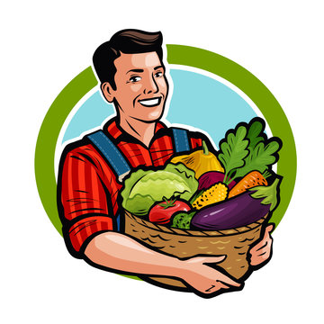 Happy farmer holding wicker basket full of fresh vegetables. Agriculture, farm, harvest concept. Cartoon vector illustration