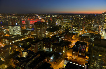 Vancouver city financial district at night, photo taken from the Harbour Centre tower, Vancouver, British Columbia, Canada.