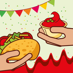 hands with taco and sauce mexican food vector illustration