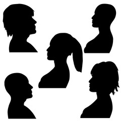 Vector illustration of man and woman faces silhouette. Black and white.