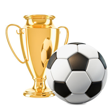 Gold trophy cup award and soccer ball, 3D rendering