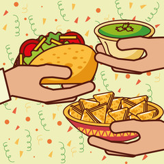 hands with taco nachos and guacamole mexican food vector illustration