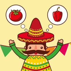 character with mustache in hat with tomato pepper mexican food vector illustration