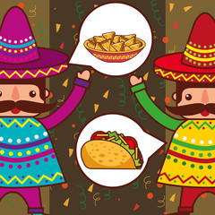 two man characters taco and nachos mexican food vector illustration