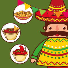 character traditional clothes with nachos sauce mexican food vector illustration