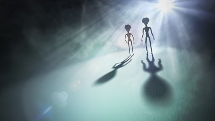 Naklejka premium Sylwetki obcych i jasne światło w tle. 3D świadczonych ilustracji.