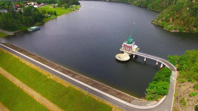 The Hracholusky dam with water power plant. The water reservoir on the river Mze. Source of renewable energy and popular recreational area in Western Bohemia. Czech Republic, Europe.