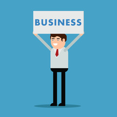 Businessman with a poster and an inscription business