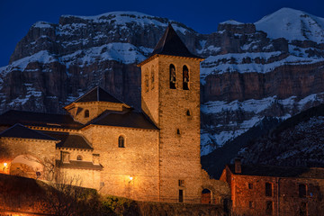 Spain, Aragon. The church and the mountain of Torla-Ordesa by night