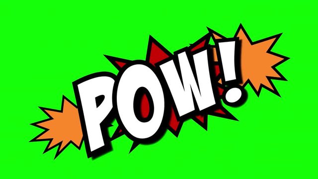 A comic strip speech cartoon animation with an explosion shape. Words: Bam, Pow, Zap. White text, red and yellow spikes, green background.

