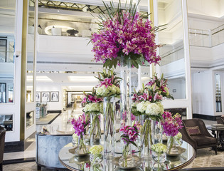 Floral arrangement in hotel lobby