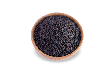 black sesame in wooden bowl isolated on white background with clipping path