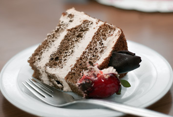 A close up of a chocolate and strawberry cake slice.