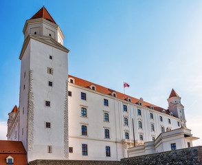 Naklejka premium Bratislava, Slovakia May 24, 2018: Bratislava castle. Bratislavsky Hrad close-up panorama with no people in sunny day. Exterior view of the castle in Bratislava.