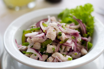 A close up of fish ceviche with fresh red onion.