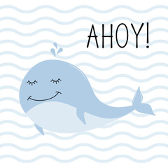 Naklejka premium Greeting card with charming whale