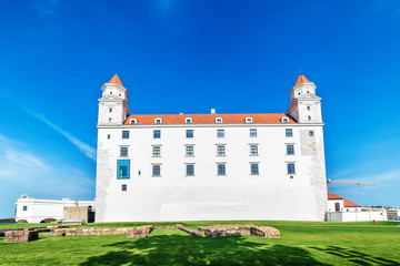 Naklejka premium Bratislava, Slovakia May 24, 2018: Bratislava castle. Bratislavsky Hrad close-up panorama with no people in sunny day. Exterior view of the castle in Bratislava.