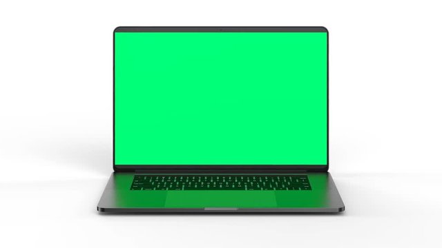 Laptop with blank screen isolated on white background. Whole in focus.