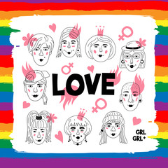 Lesbians Couple Gay people, Love lettering poster. Women's faces, Informal girls, LGBT rainbow pattern. Creative hand-drawn characters. Vector Art illustration