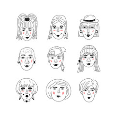 Female faces icons, Informal girls, Punk rock women Feminists. Cute Funny hand-drawn characters, Women's faces, Vector art illustration