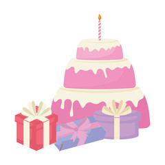 Happy birthday design with birthday cakes and gift boxes over white background, colorful design. vector illustration