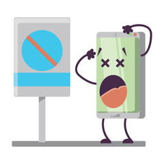Cartoon smartphone in no mobile zone over white background, vector illustration