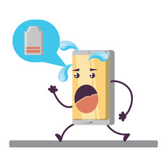 Cartoon smartphone running for low battery over white background, vector illustration