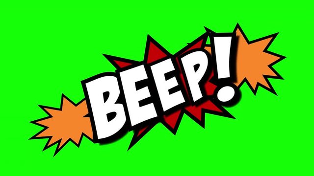A comic strip speech cartoon animation with an explosion shape. Words: Bash, Beep, Brrr. White text, red and yellow spikes, green background.
