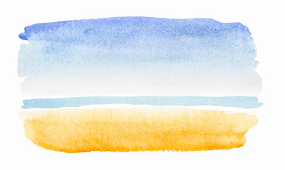 Horizontal beach view painted in watercolor on white isolated background with faded blue and yellow. Hand made watercolor shabby texture representing sea, beach, sand, summer artistic painting. 