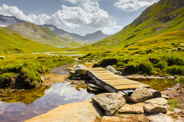 wooden bridge in a stunning scenery of green fields   Swiss Alps © vorkaPICTURE