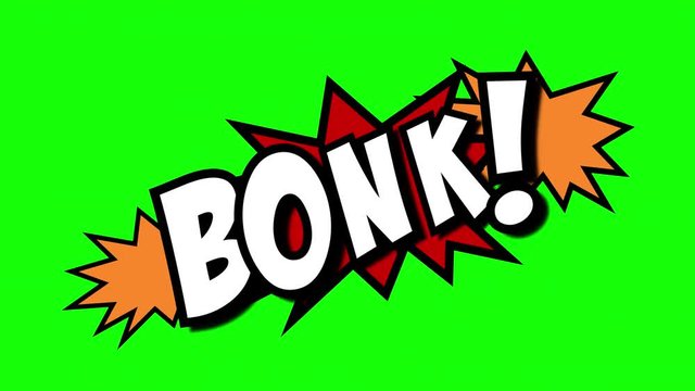 A comic strip speech cartoon animation with an explosion shape. Words: Bong, Bonk, Sock. White text, red and yellow spikes, green background.
