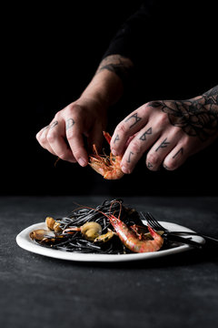 Black pasta with shrimp and clams