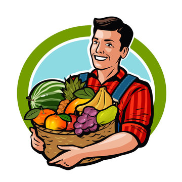 Happy farmer holding wicker basket full of fresh fruits. Agriculture, farm, harvest concept. Cartoon vector illustration