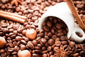 Coffee beans and white espresso cup laying with cinnamon sticks and hazelnunts