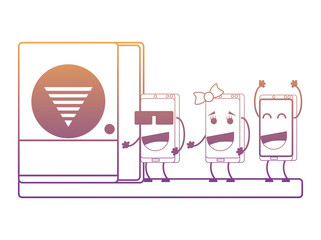 Cartoon happy smartphones in wifi zone over white background, vector illustration