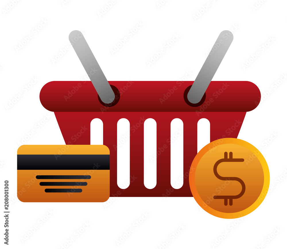 Sticker shopping basket with credit card and money coins isolated icon vector illustration design