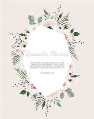 Vector floral design card. Greeting, postcard wedding invite template. Elegant frame with rose and anemone