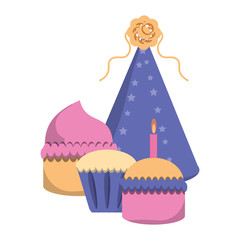 party hat and birthday cupcakes over white background, vector illustration