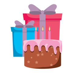 gift boxes and birthday cake over white background, vector illustration