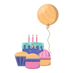 Birthday cake with cupcakes and balloon over white background, vector illustration