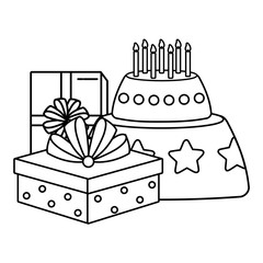 Gift boxes and birthday cake over white background, vector illustration